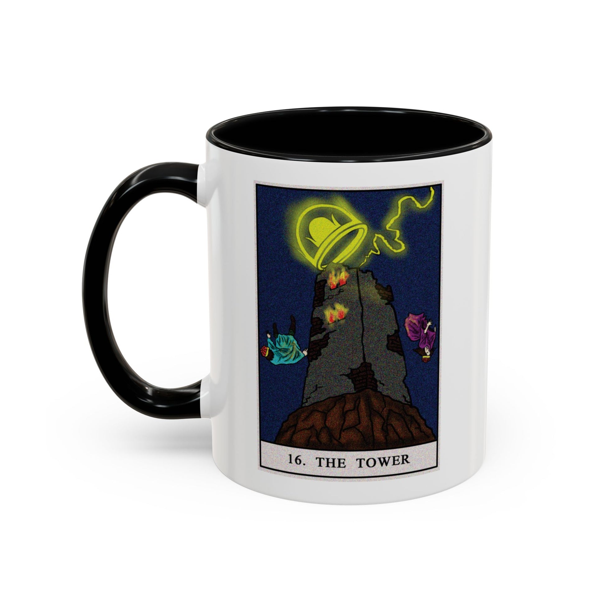 The Tower Tarot Card Coffee Mug - Double Sided Print, Black Accent White Ceramic, 11oz by TheGlassyLass.com