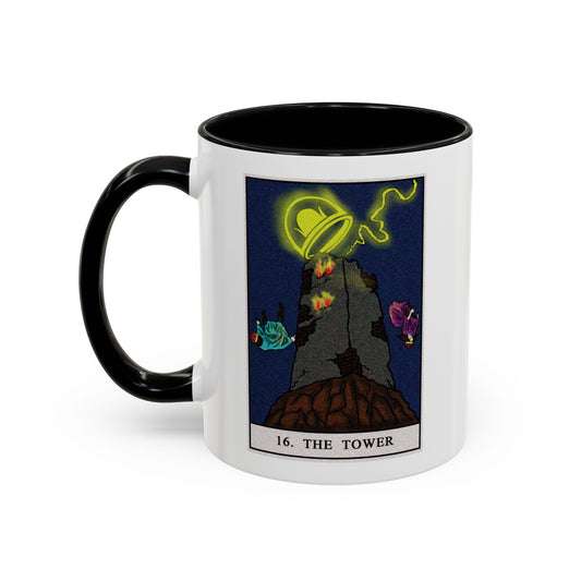 The Tower Tarot Card Coffee Mug - Double Sided Print, Black Accent White Ceramic, 11oz by TheGlassyLass.com
