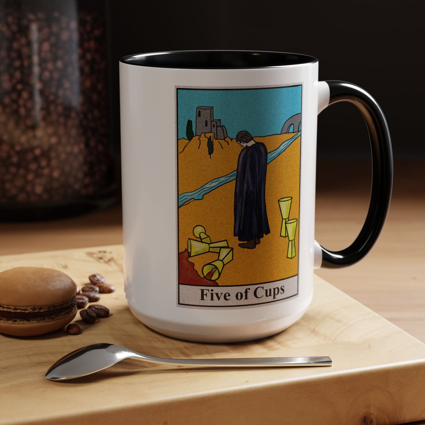 Five of Cups Tarot Card Coffee Mug - Double Sided Black Accent White Ceramic 15oz by TheGlassyLass.com