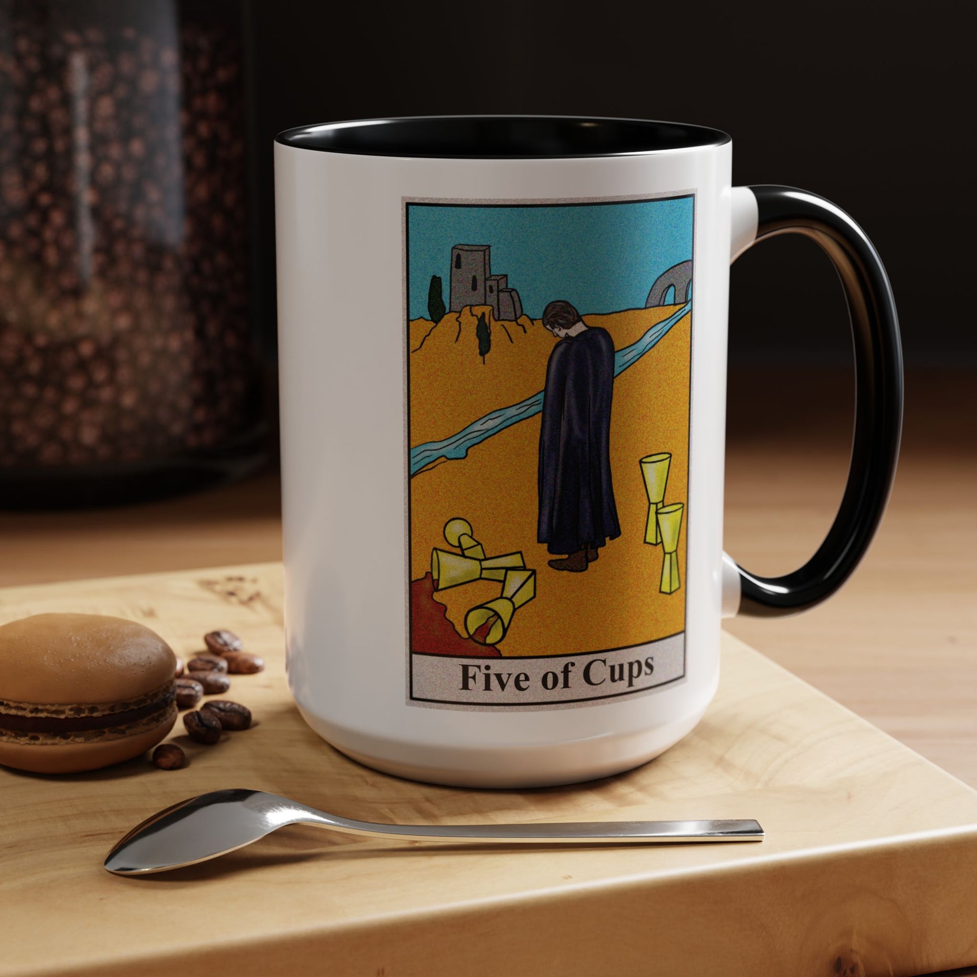Five of Cups Tarot Card Coffee Mug - Double Sided Black Accent White Ceramic 15oz by TheGlassyLass.com