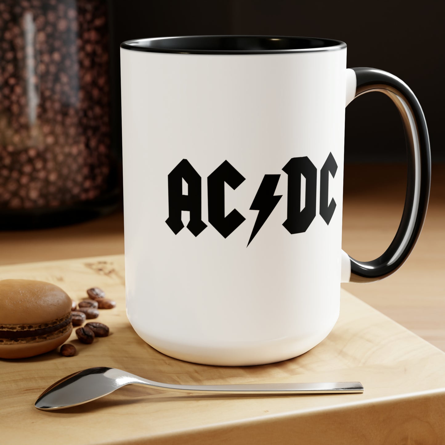 AC DC Coffee Mug - Double Sided Black Accent White Ceramic 15oz by TheGlassyLass