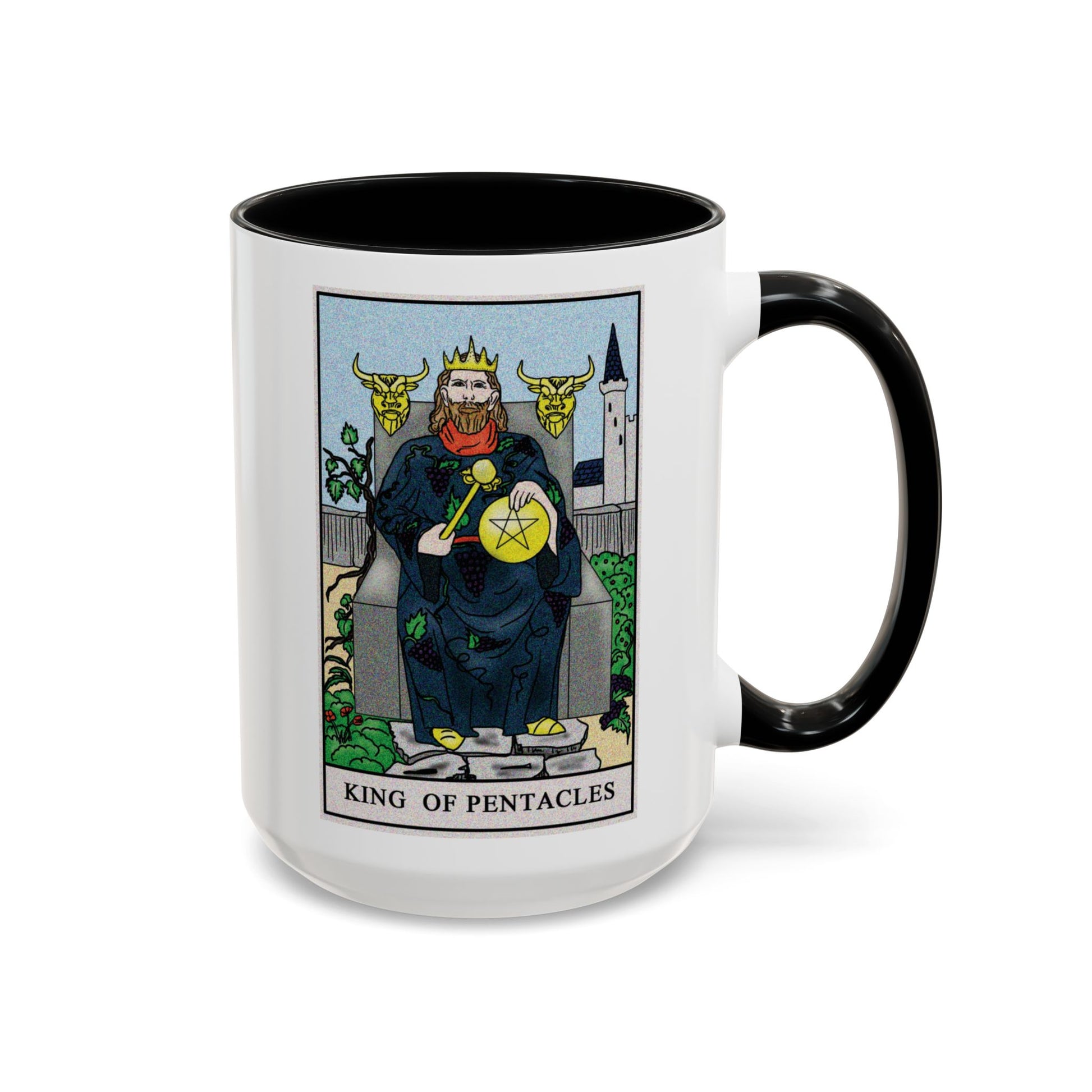 King of Pentacles Tarot Card Coffee Mug - Double Sided Black Accent White Ceramic 15oz by TheGlassyLass.com