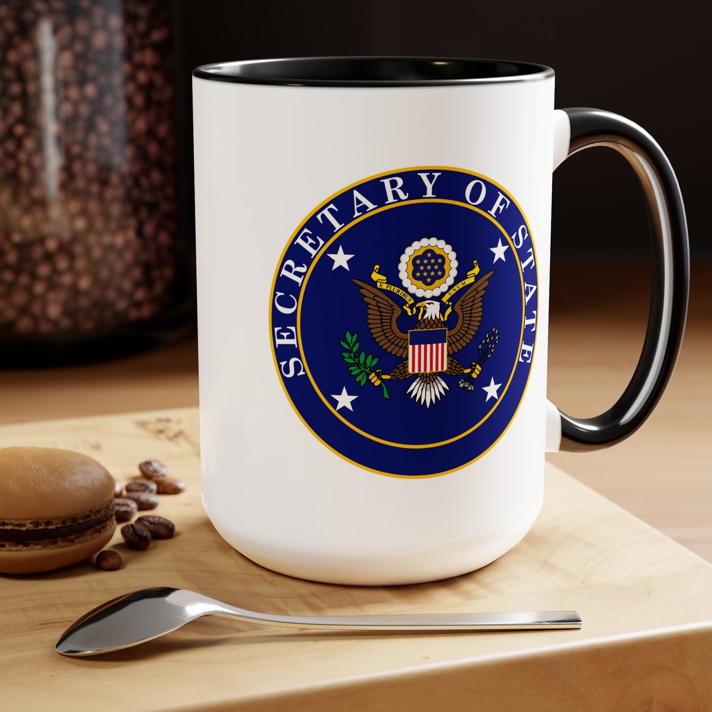 US Secretary of State Coffee Mug - Double Sided Print Two Tone Black Accent White Ceramic 15oz by TheGlassyLass.com