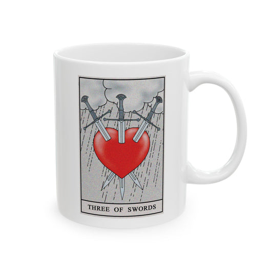 Three of Swords Tarot Card Coffee Mug - Double Sided Print, White Ceramic, 11oz by TheGlassyLass.com