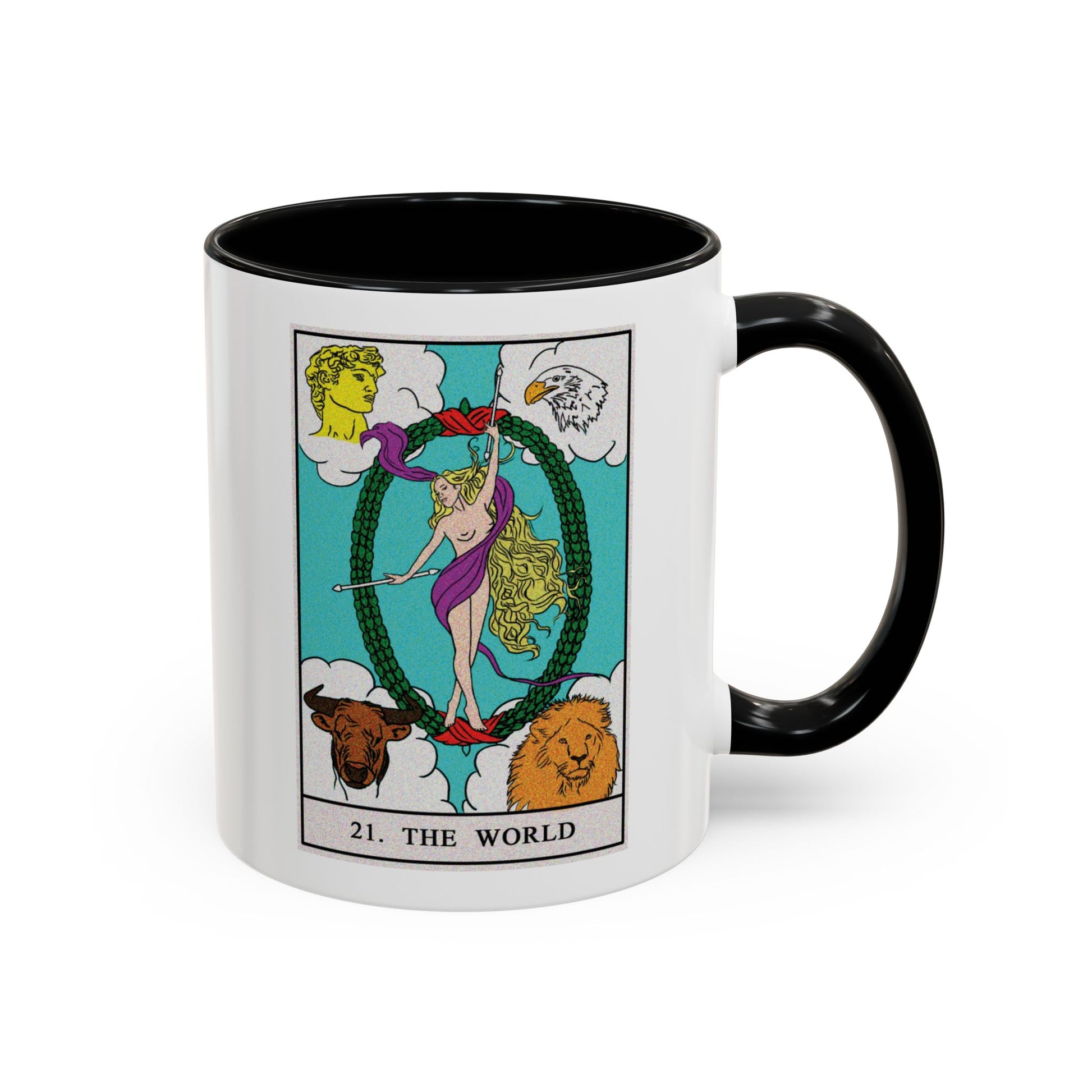 The World Tarot Card Coffee Mug - Double Sided Print, Black Accent White Ceramic, 11oz by TheGlassyLass.com