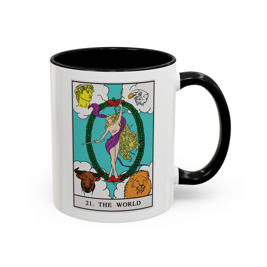The World Tarot Card Coffee Mug - Double Sided Print, Black Accent White Ceramic, 11oz by TheGlassyLass.com