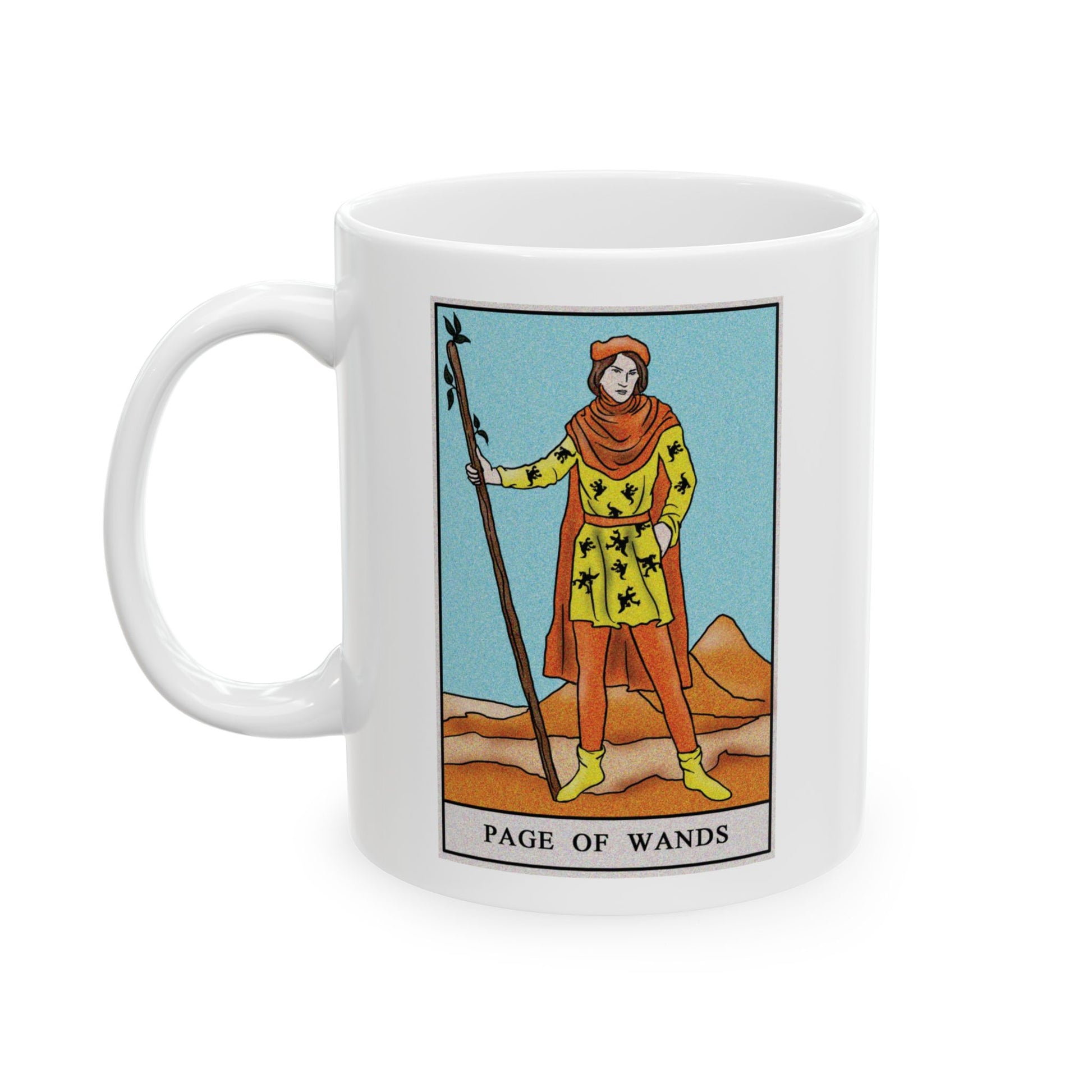 Page of Wands of Wands Tarot Card Coffee Mug - Double Sided Print, White Ceramic, 11oz by TheGlassyLass.com