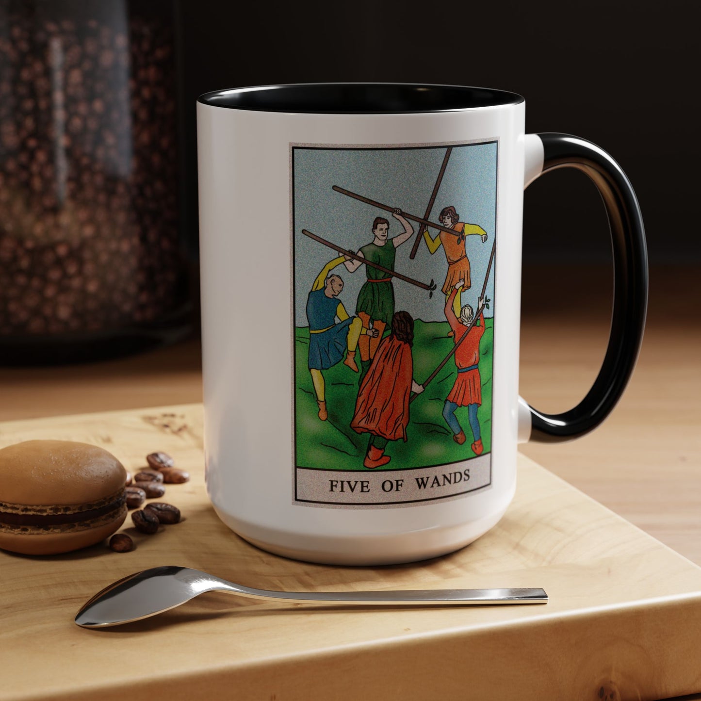 Five of Wands Tarot Card Coffee Mug - Double Sided Black Accent White Ceramic 15oz by TheGlassyLass.com