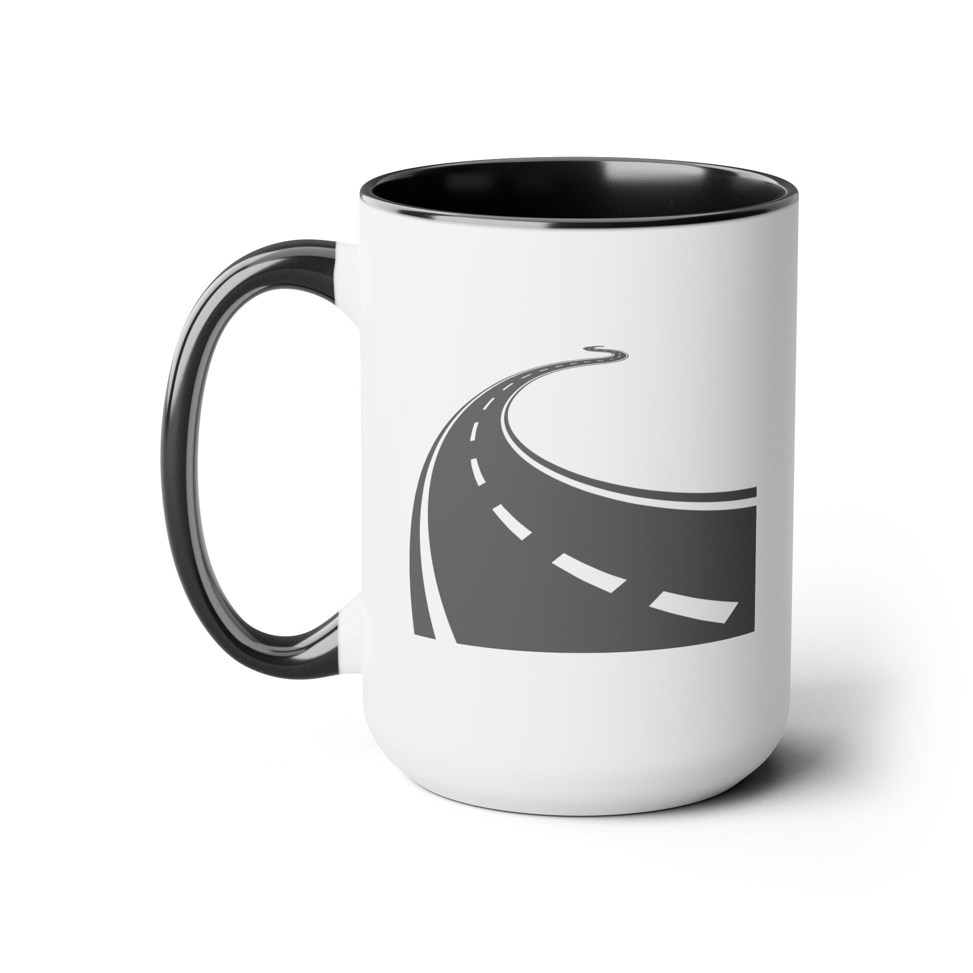 Long and Winding Road Coffee Mugs - Double Sided Black Accent White Ceramic 15oz by TheGlassyLass.com