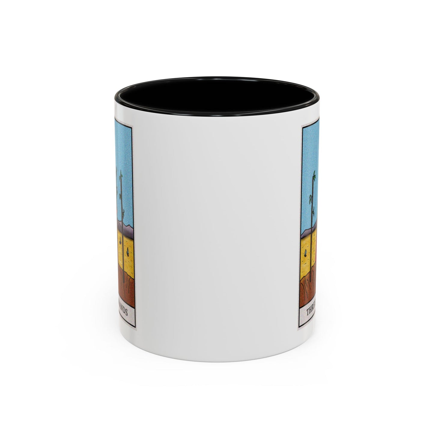 Three of Wands Tarot Card Coffee Mug - Double Sided Print, Black Accent White Ceramic, 11oz by TheGlassyLass.com