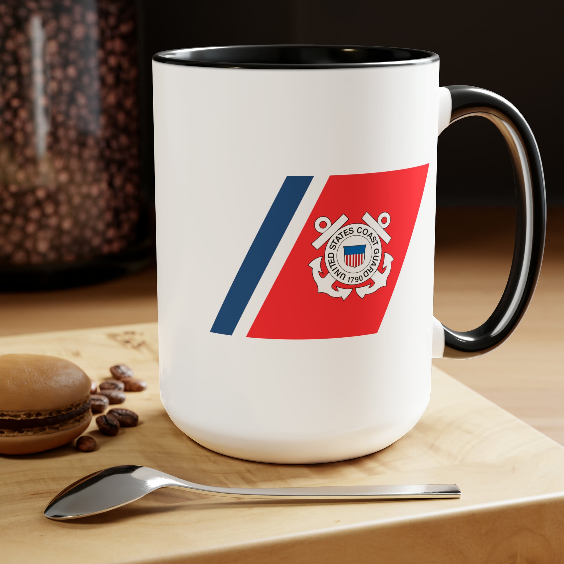 Coast Guard Hull Crest Coffee Mug - Double Sided Black Accent White Ceramic 15oz by TheGlassyLass.com