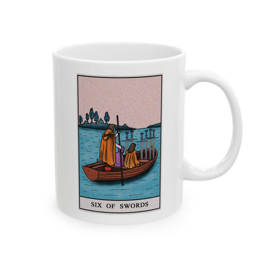 Six of Swords Tarot Card Coffee Mug - Double Sided Print, White Ceramic, 11oz by TheGlassyLass