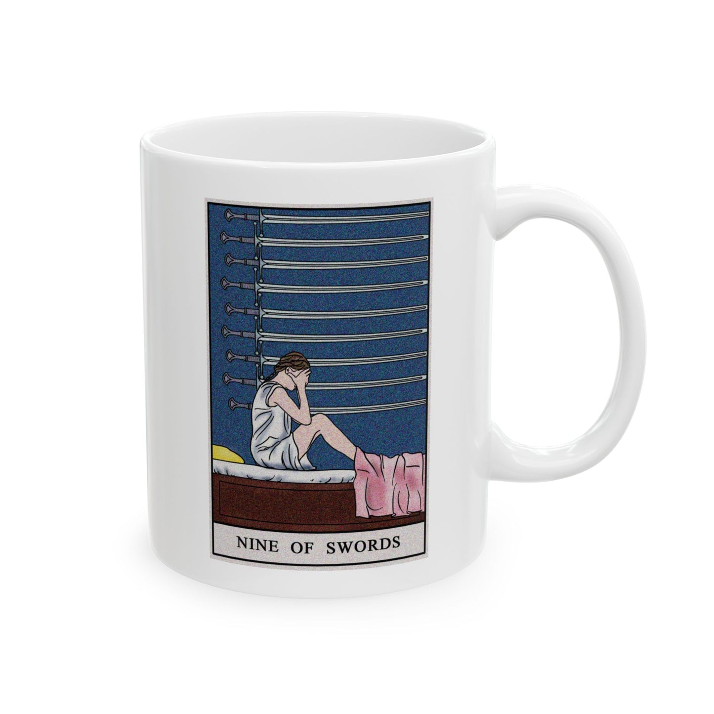 Nine of Swords Tarot Card Coffee Mug - Double Sided Print, White Ceramic, 11oz by TheGlassyLass.com