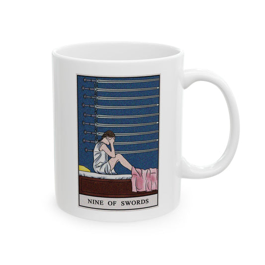 Nine of Swords Tarot Card Coffee Mug - Double Sided Print, White Ceramic, 11oz by TheGlassyLass.com