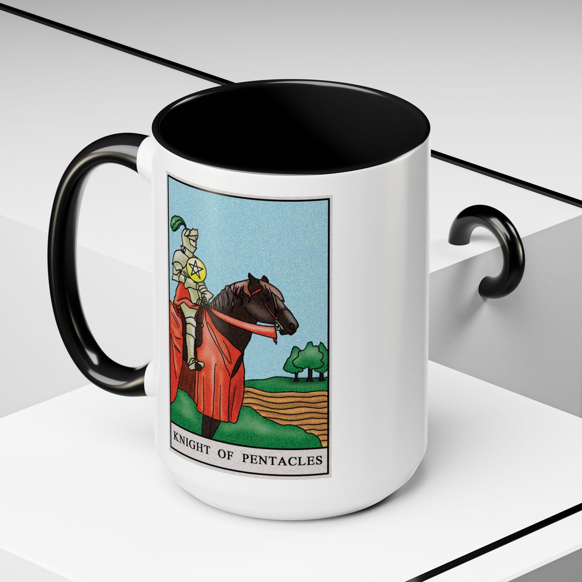 Knight of Pentacles Tarot Card Coffee Mug - Double Sided Black Accent White Ceramic 15oz by TheGlassyLass.com