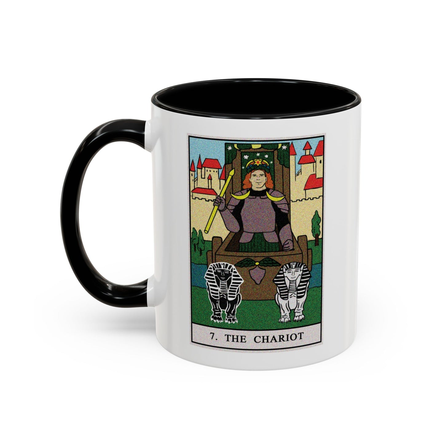 The Chariot Tarot Card Coffee Mug - Double Sided Print, Black Accent White Ceramic, 11oz by TheGlassyLass.com