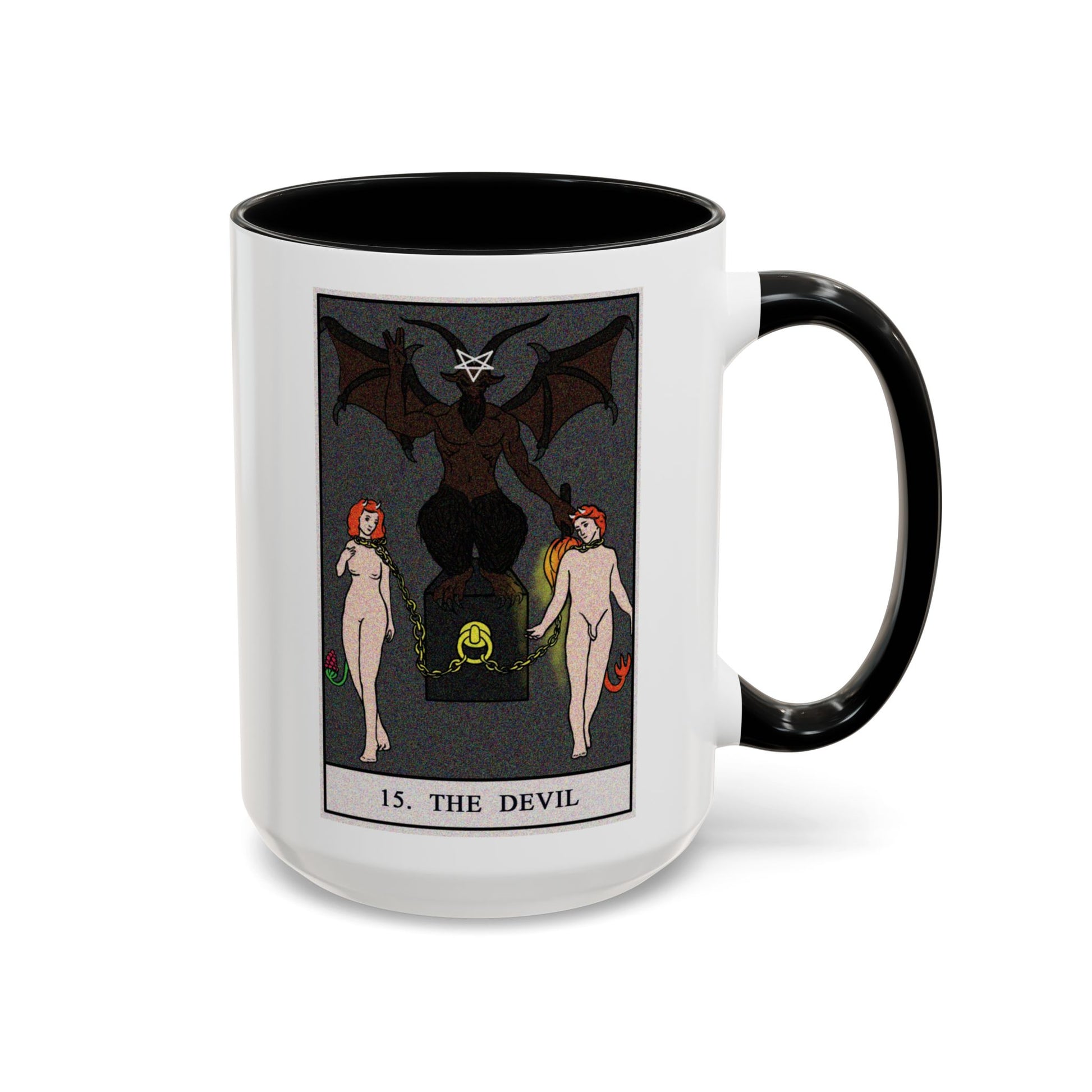 The Devil Tarot Card Coffee Mug - Double Sided Black Accent White Ceramic 15oz by TheGlassyLass.com