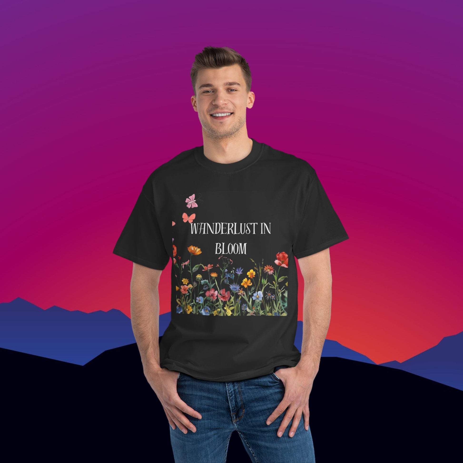 Wanderlust in Bloom T-Shirt: (Hanes Beefy-T 100% Preshrunk Cotton Custom Printed by TheGlassyLass.com