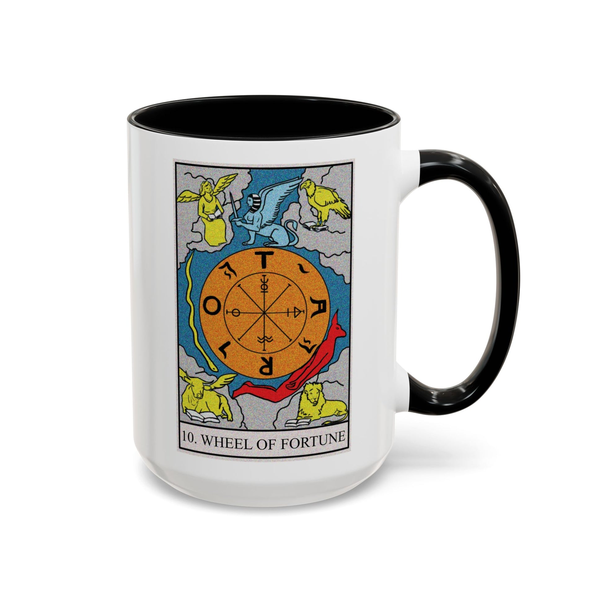 The Wheel of Fortune Tarot Card Coffee Mug - Double Sided Black Accent White Ceramic 15oz by TheGlassyLass.com