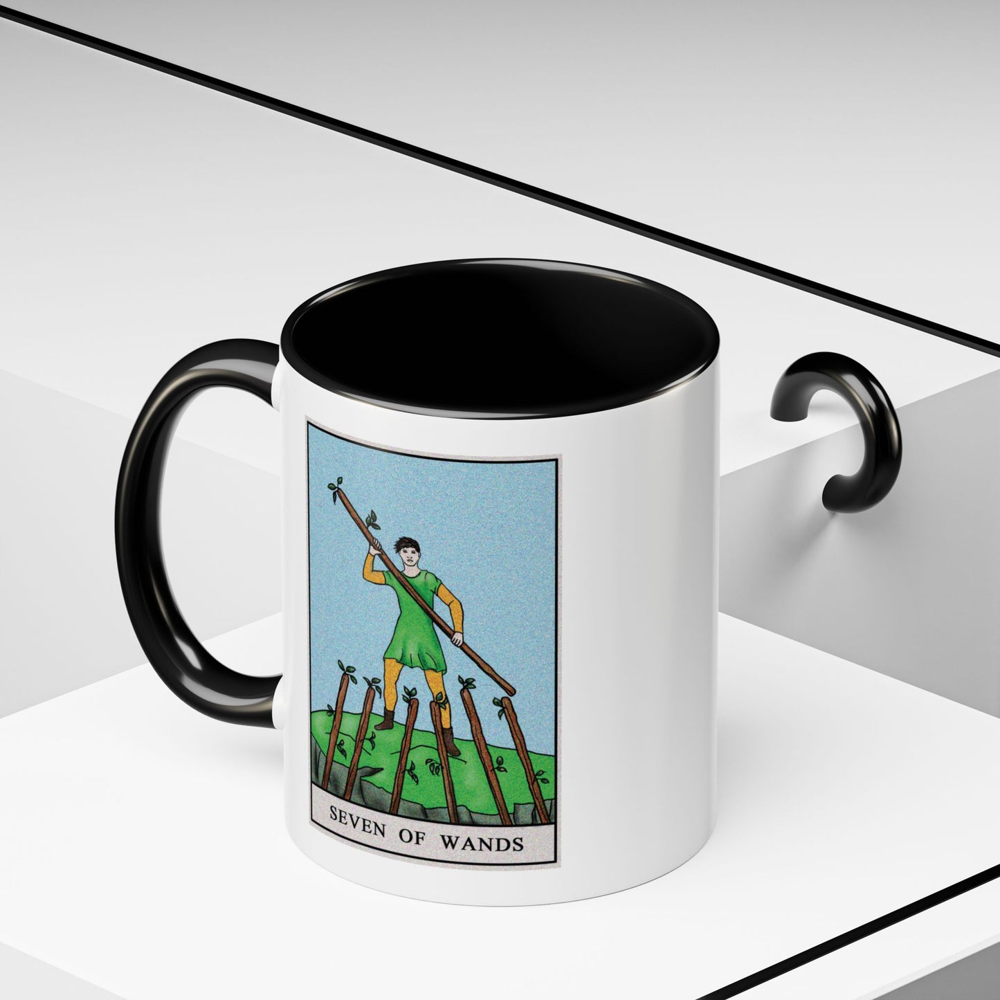 Seven of Wands Tarot Card Coffee Mug - Double Sided Print, Black Accent White Ceramic, 11oz by TheGlassyLass.com