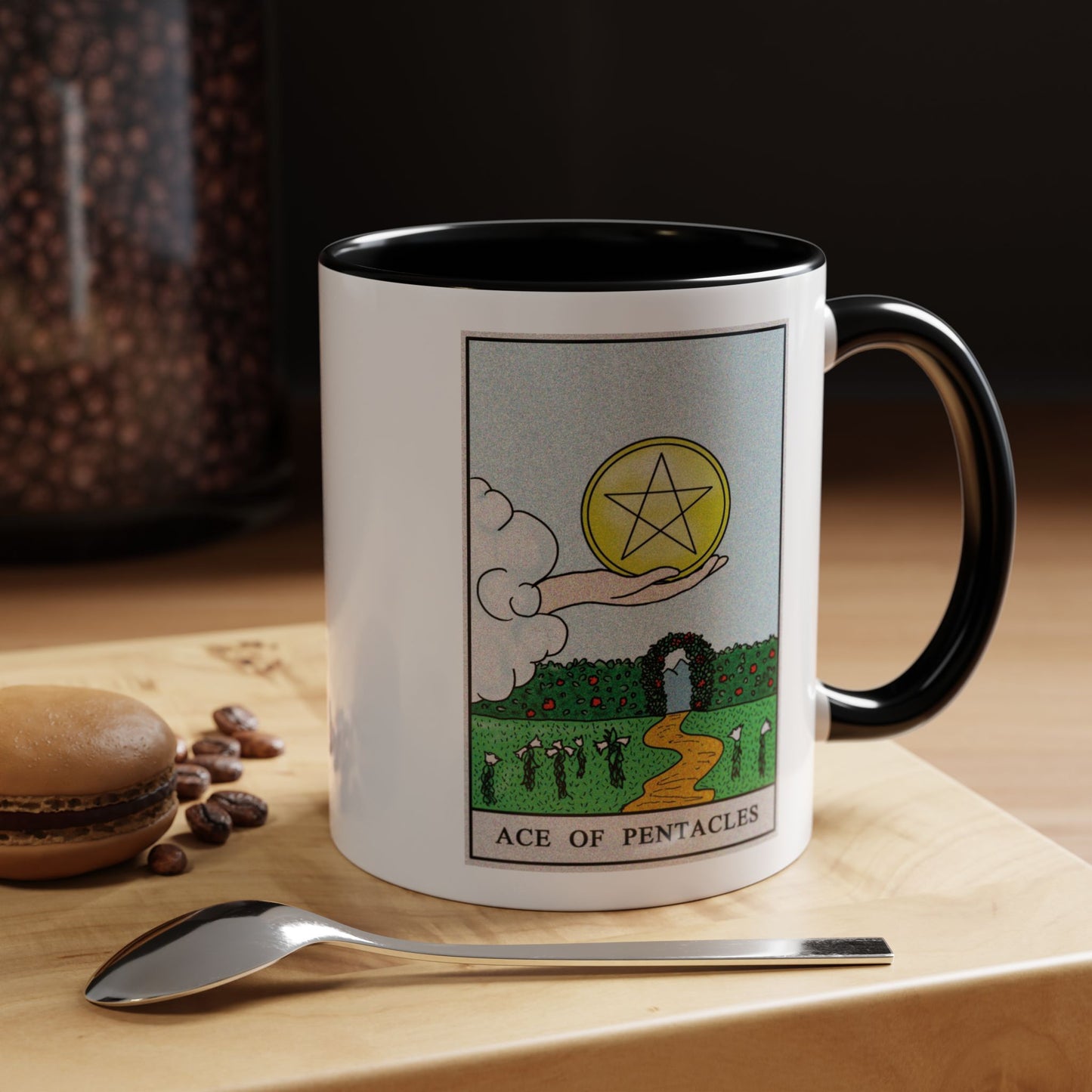 Ace of Pentacles Tarot Card Coffee Mug - Double Sided Print, Black Accent White Ceramic, 11oz by TheGlassyLass.com