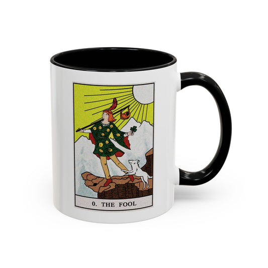The Fool Tarot Card Coffee Mug - Double Sided Print, Black Accent White Ceramic, 11oz by TheGlassyLass.com
