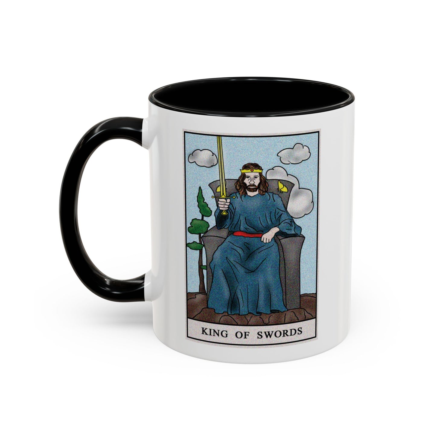 King of Swords Tarot Card Coffee Mug - Double Sided Print, Black Accent White Ceramic, 11oz by TheGlassyLass.com