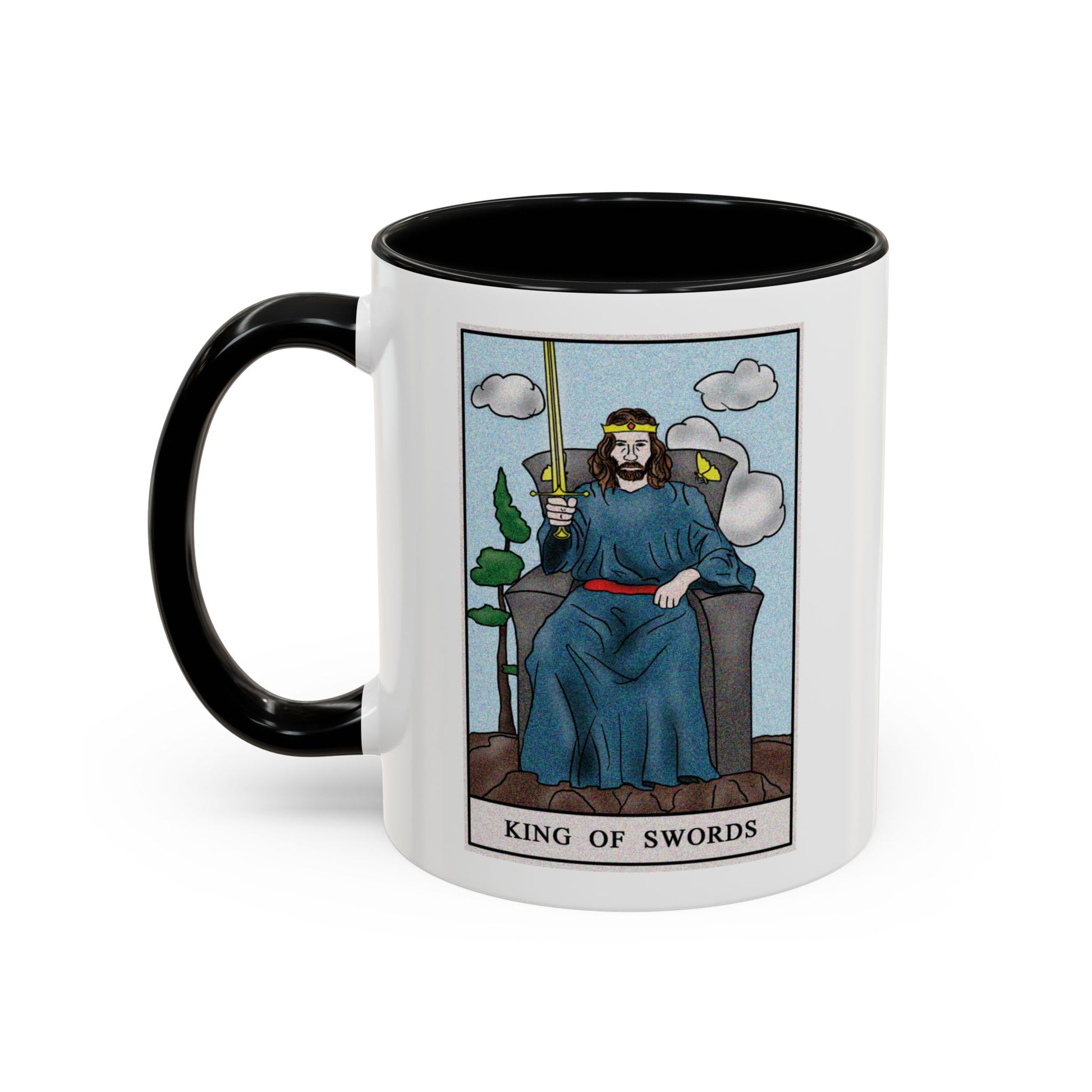 King of Swords Tarot Card Coffee Mug - Double Sided Print, Black Accent White Ceramic, 11oz by TheGlassyLass.com
