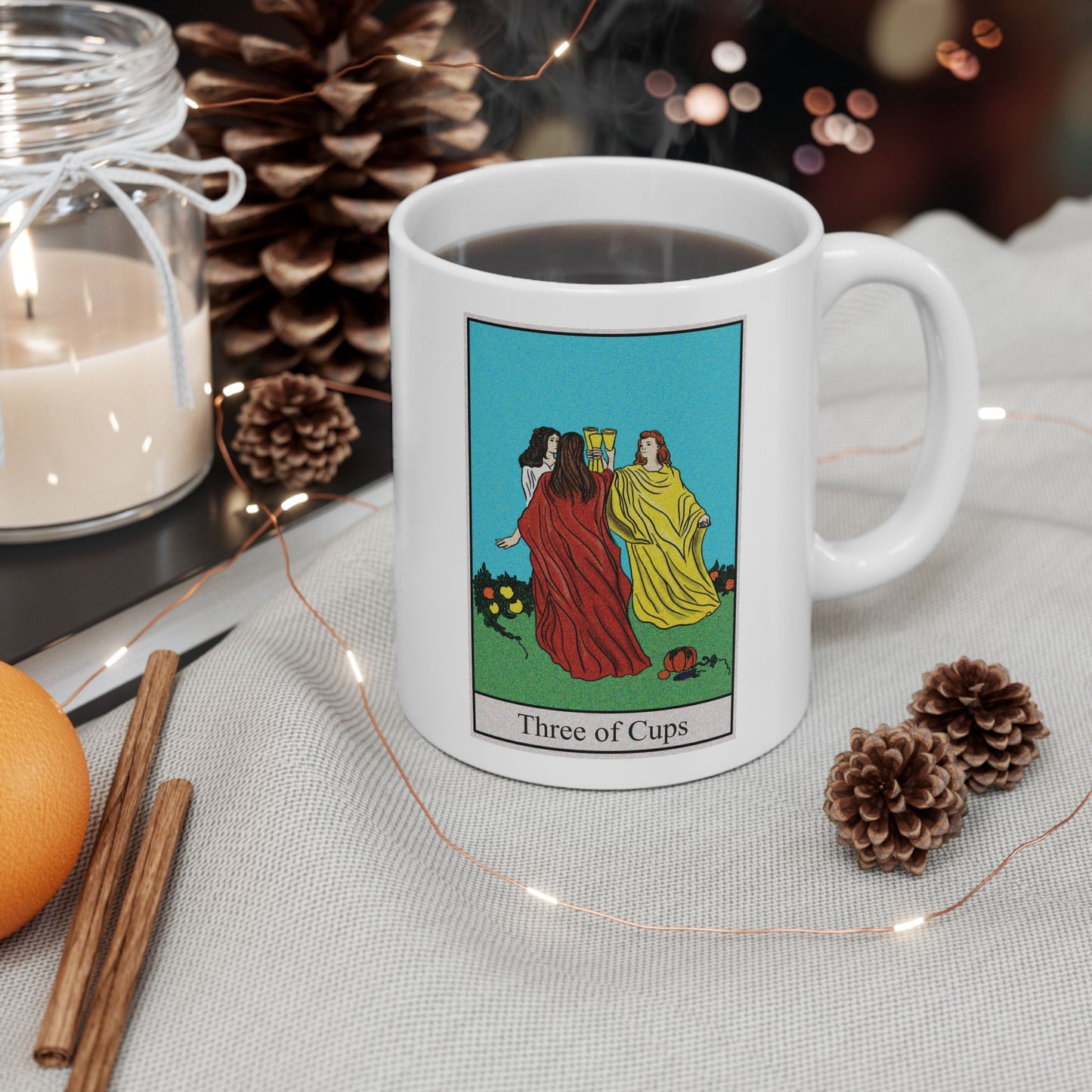 Three of Cups Tarot Card Coffee Mug - Double Sided Print, White Ceramic, 11oz by TheGlassyLass