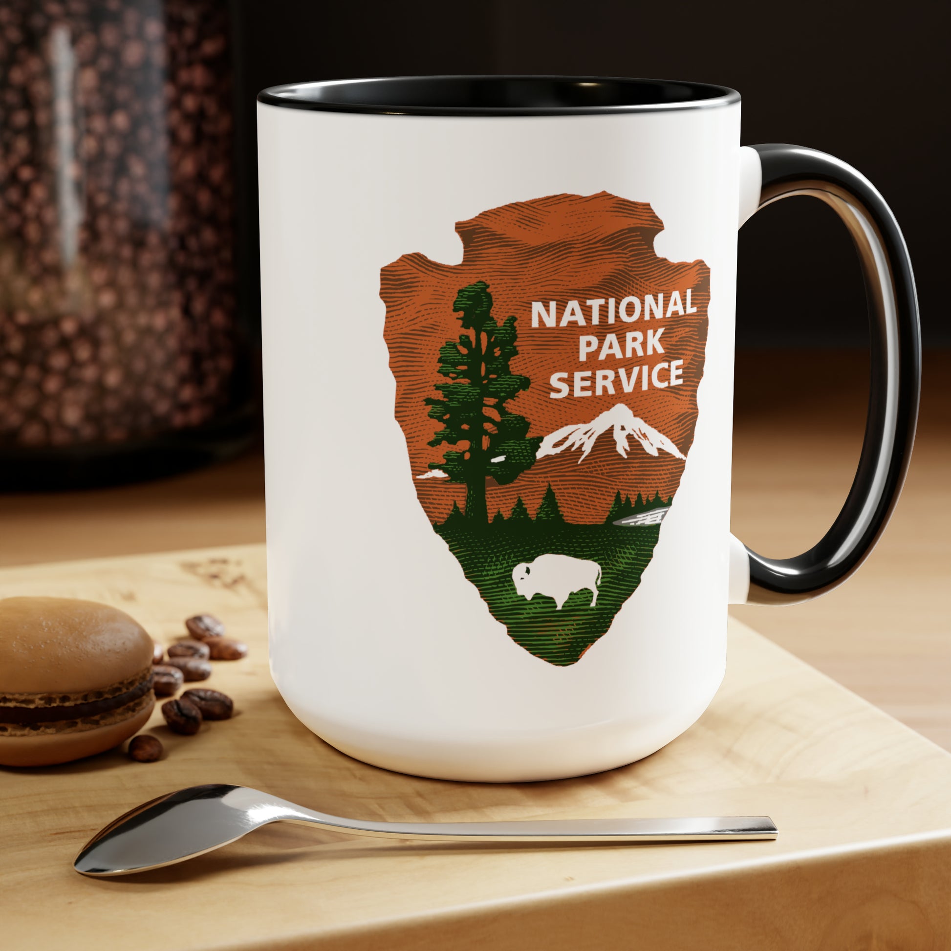 National Park Service Coffee Mug - Double Sided Black Accent White Ceramic 15oz by TheGlassyLass