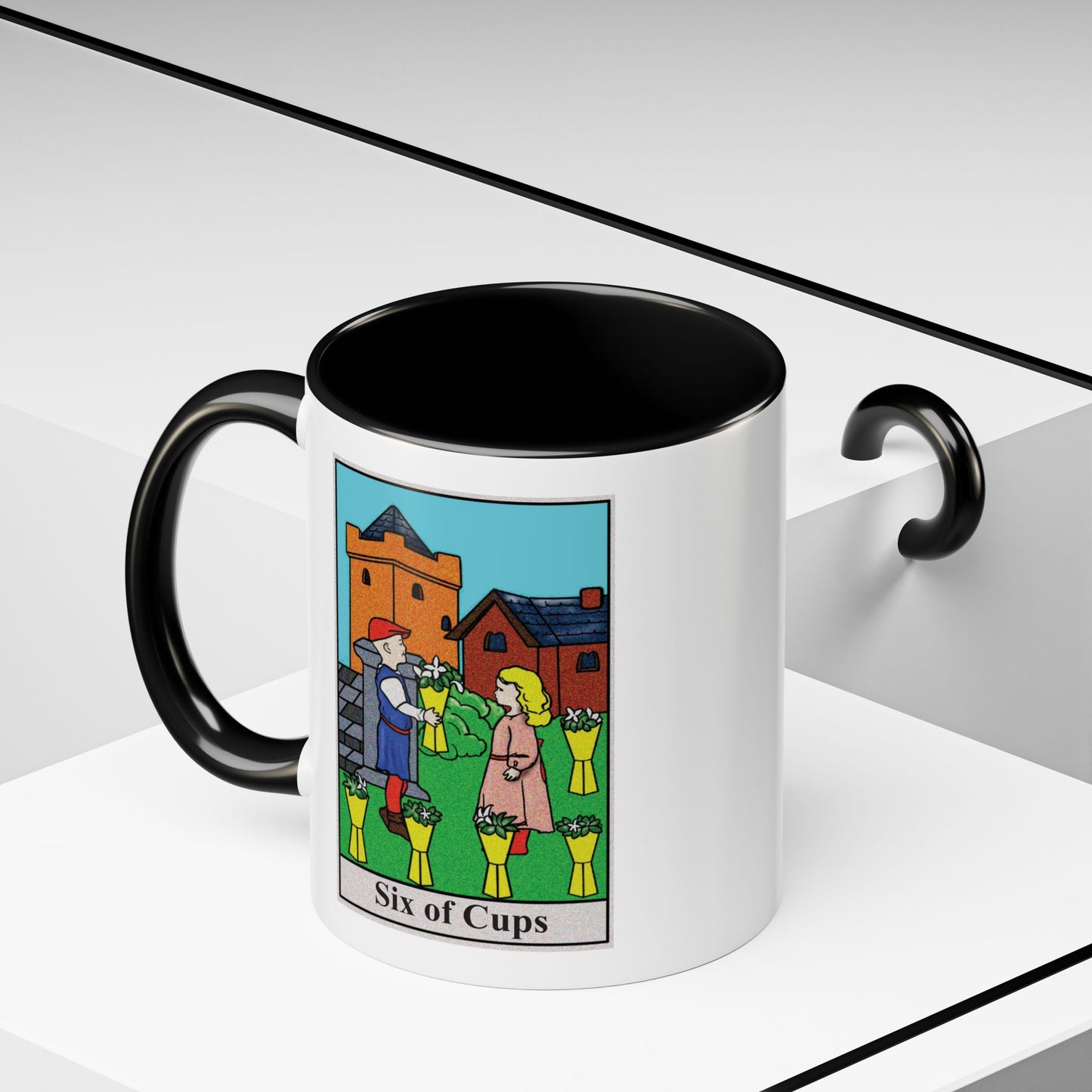 Six of Cups Tarot Card Coffee Mug - Double Sided Print, Black Accent White Ceramic, 11oz by TheGlassyLass.com