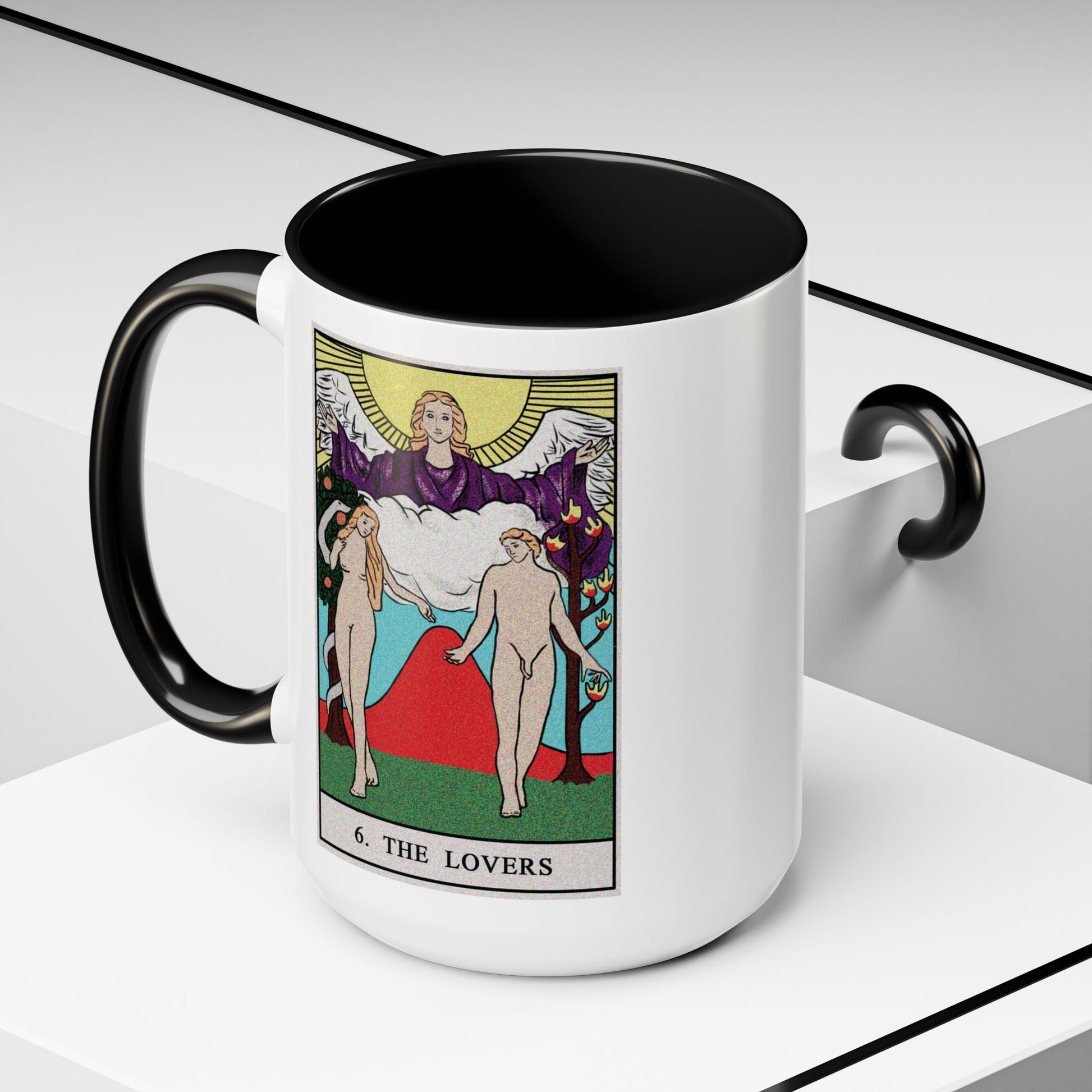 The Lovers Tarot Card Coffee Mug - Double Sided Black Accent White Ceramic 15oz by TheGlassyLass.com