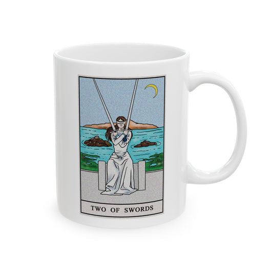Two of Swords Tarot Card Coffee Mug - Double Sided Print, White Ceramic, 11oz by TheGlassyLass.com