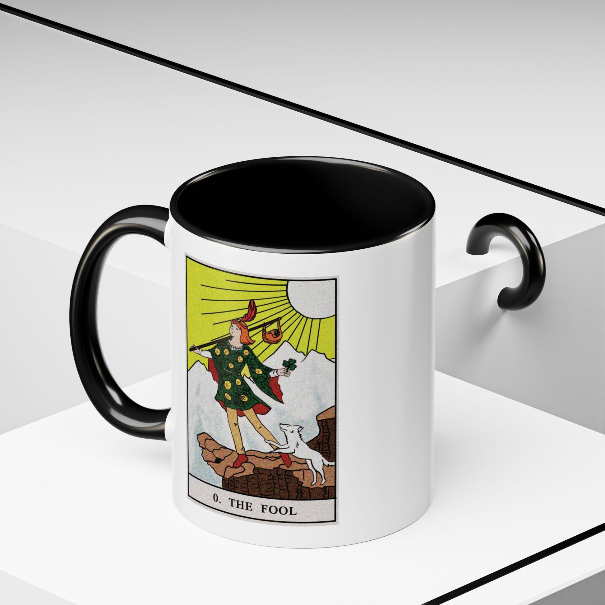 The Fool Tarot Card Coffee Mug - Double Sided Print, Black Accent White Ceramic, 11oz by TheGlassyLass.com