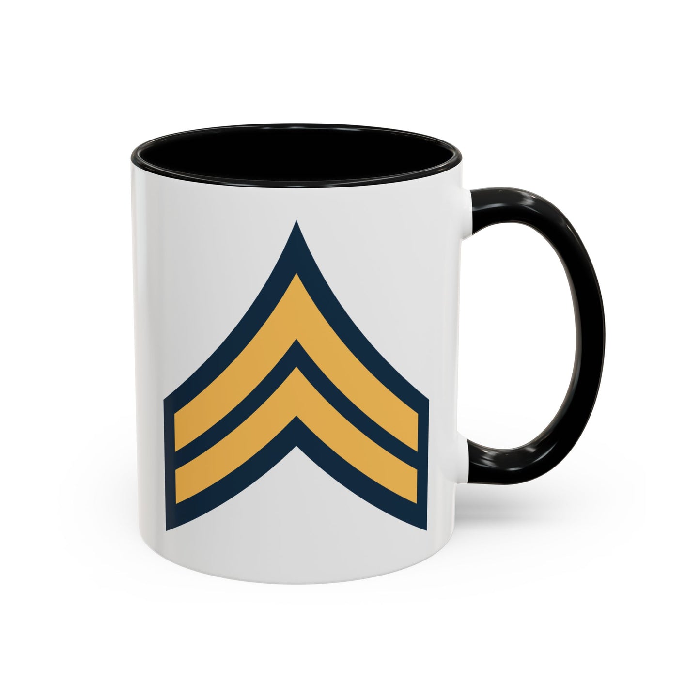 US Army Corporal (E-4) Stripes Coffee Mug - Double Sided Print, Black Accent White Ceramic, 11oz by TheGlassyLass.com
