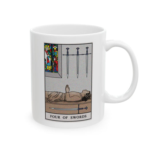 Four of Swords Tarot Card Coffee Mug - Double Sided Print, White Ceramic, 11oz by TheGlassyLass.com