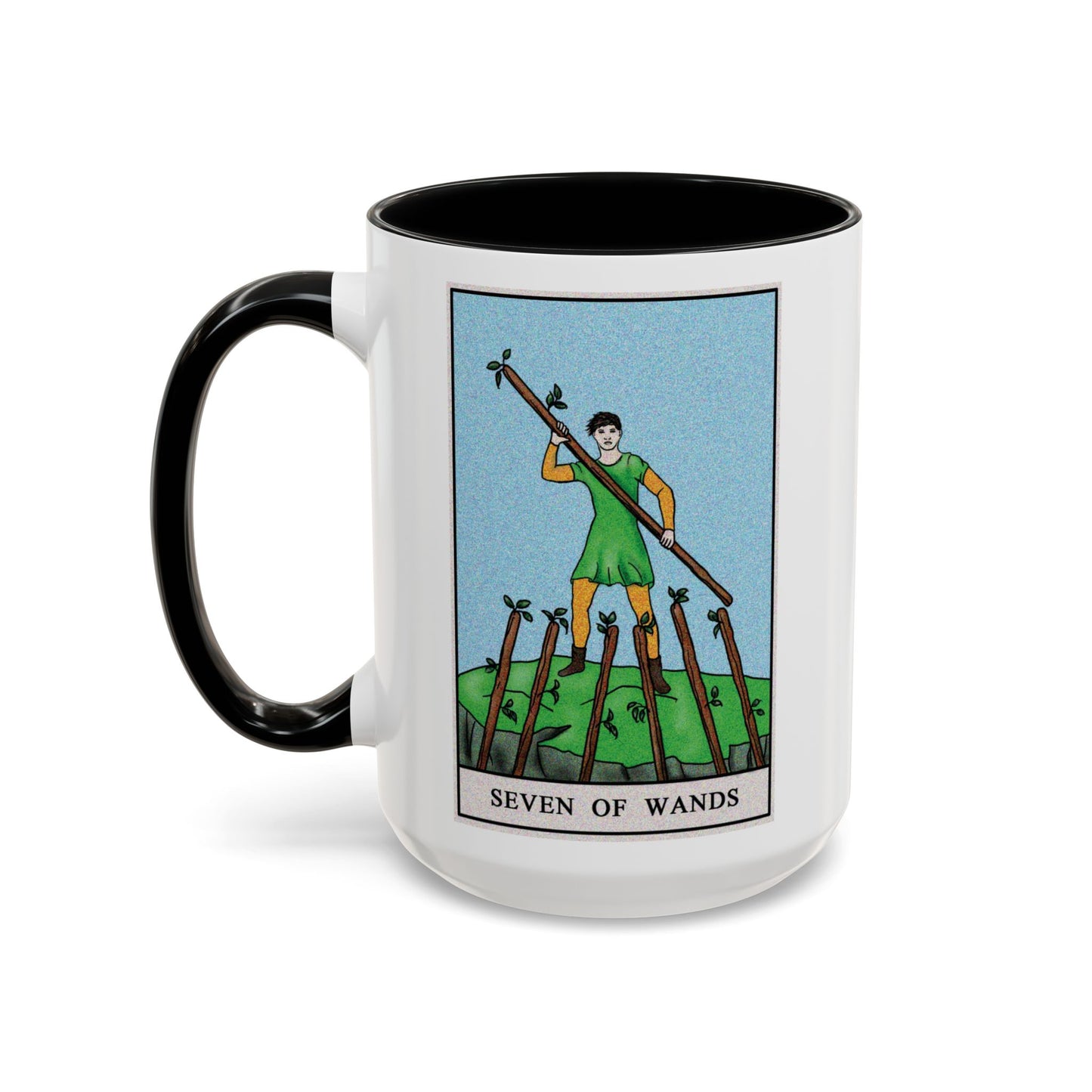 Seven of Wands Tarot Card Coffee Mug - Double Sided Black Accent White Ceramic 15oz by TheGlassyLass