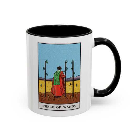 Three of Wands Tarot Card Coffee Mug - Double Sided Print, Black Accent White Ceramic, 11oz by TheGlassyLass.com