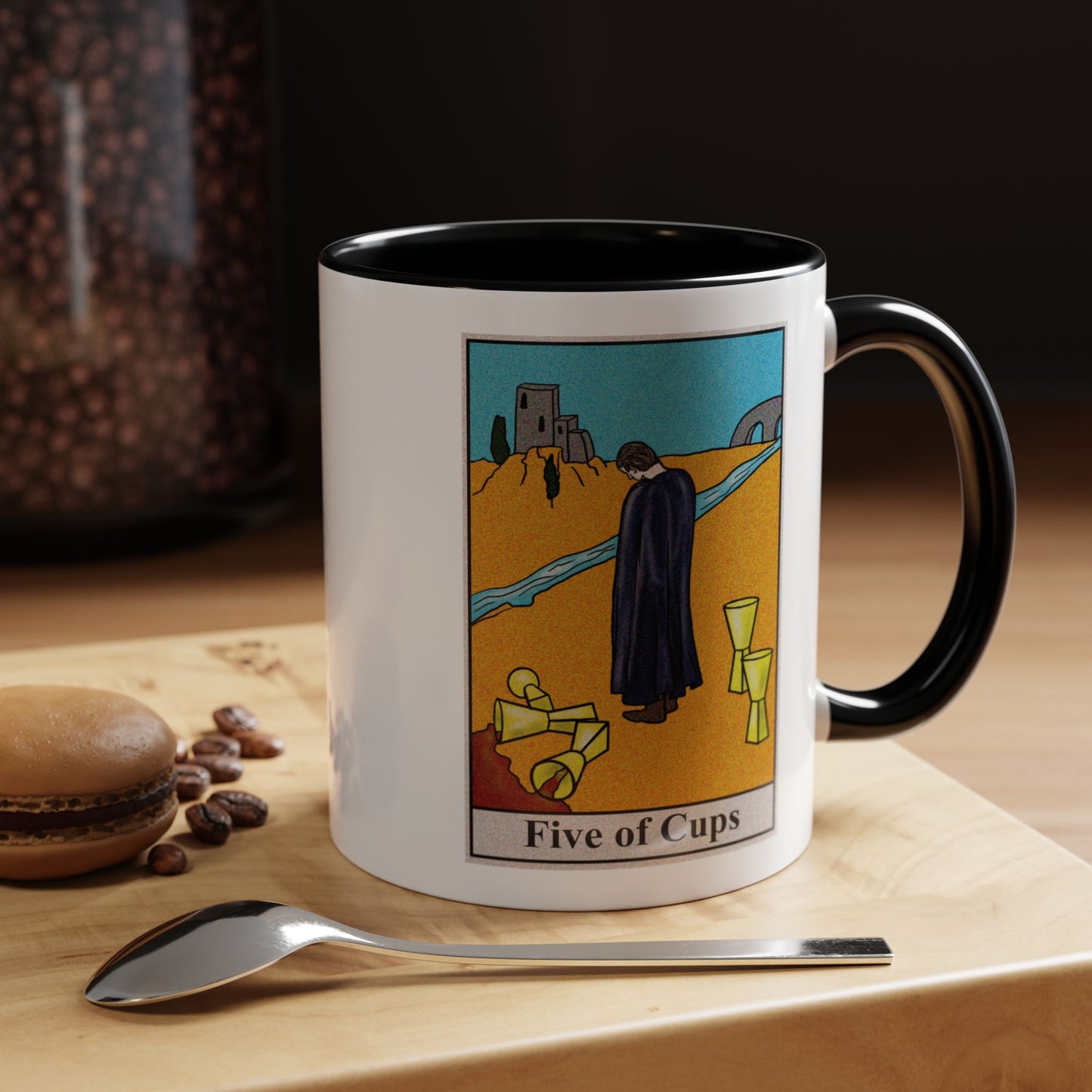Five of Cups Tarot Card Coffee Mug - Double Sided Print, Black Accent White Ceramic, 11oz by TheGlassyLass.com