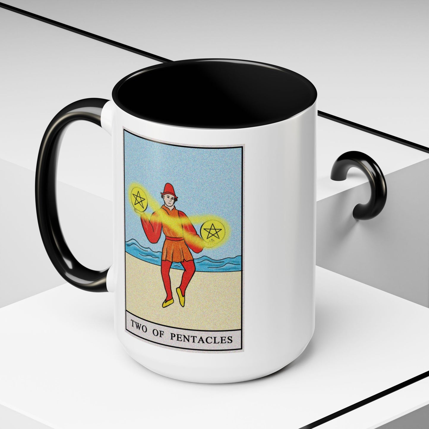 Two of Pentacles Tarot Card Coffee Mug - Double Sided Black Accent White Ceramic 15oz by TheGlassyLass.com