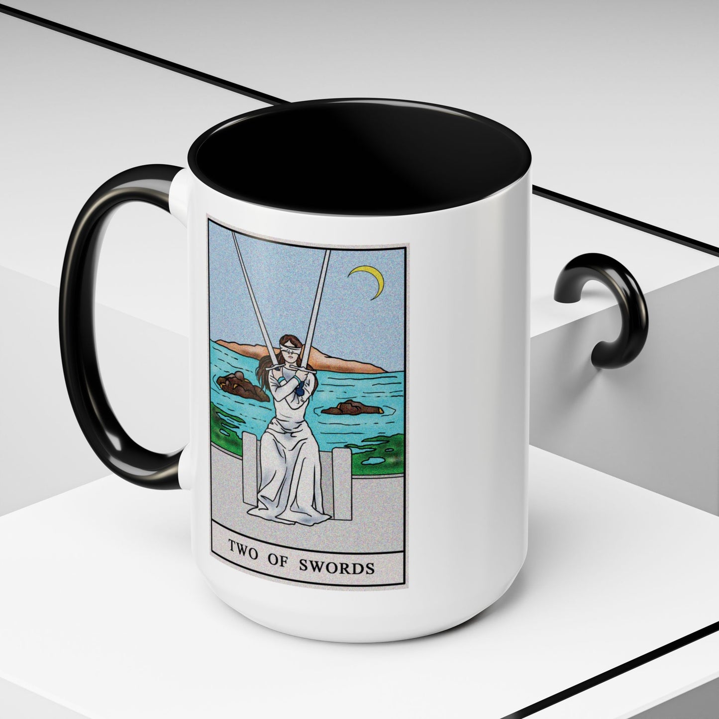 Two of Swords Tarot Card Coffee Mug - Double Sided Black Accent White Ceramic 15oz by TheGlassyLass.com