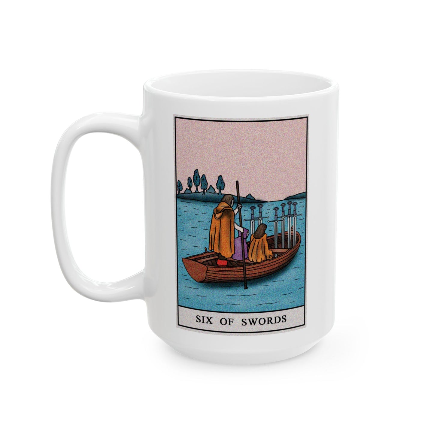 Six of Swords Tarot Card Coffee Mug - Double Sided White Ceramic 15oz by TheGlassyLass