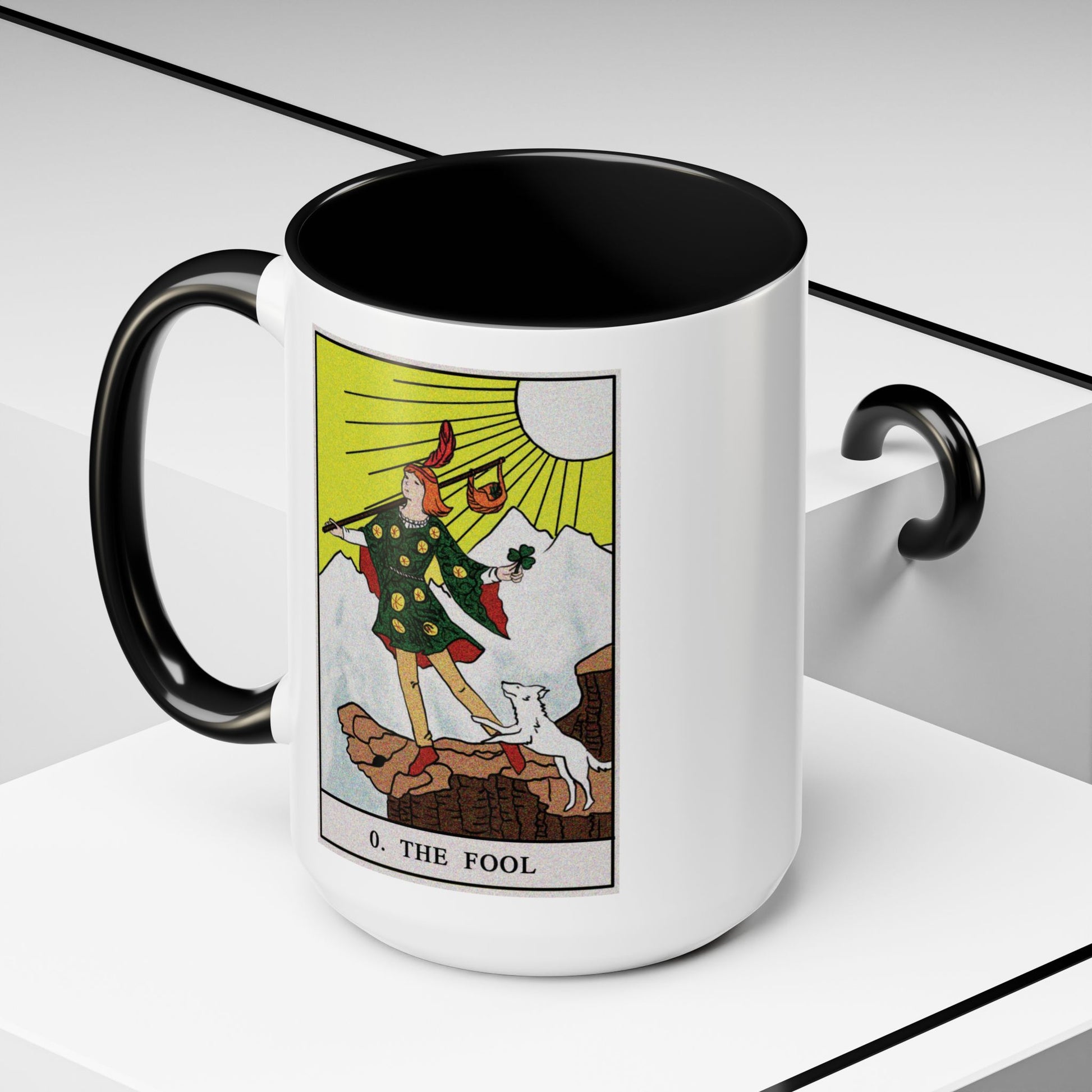 The Fool Tarot Card Coffee Mug - Double Sided Black Accent White Ceramic 15oz by TheGlassyLass.com