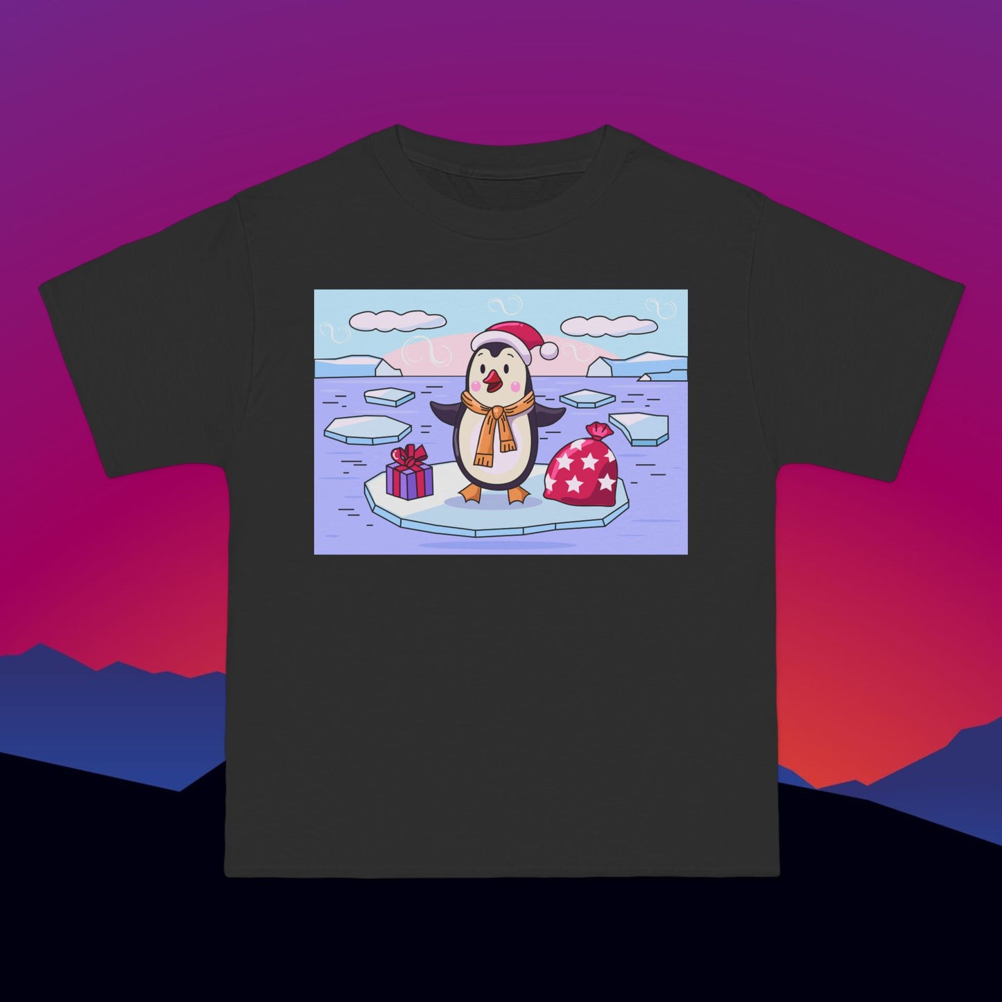 Christmas Penguin T-Shirt: (Hanes Beefy-T 100% Preshrunk Cotton Custom Printed by TheGlassyLass.com