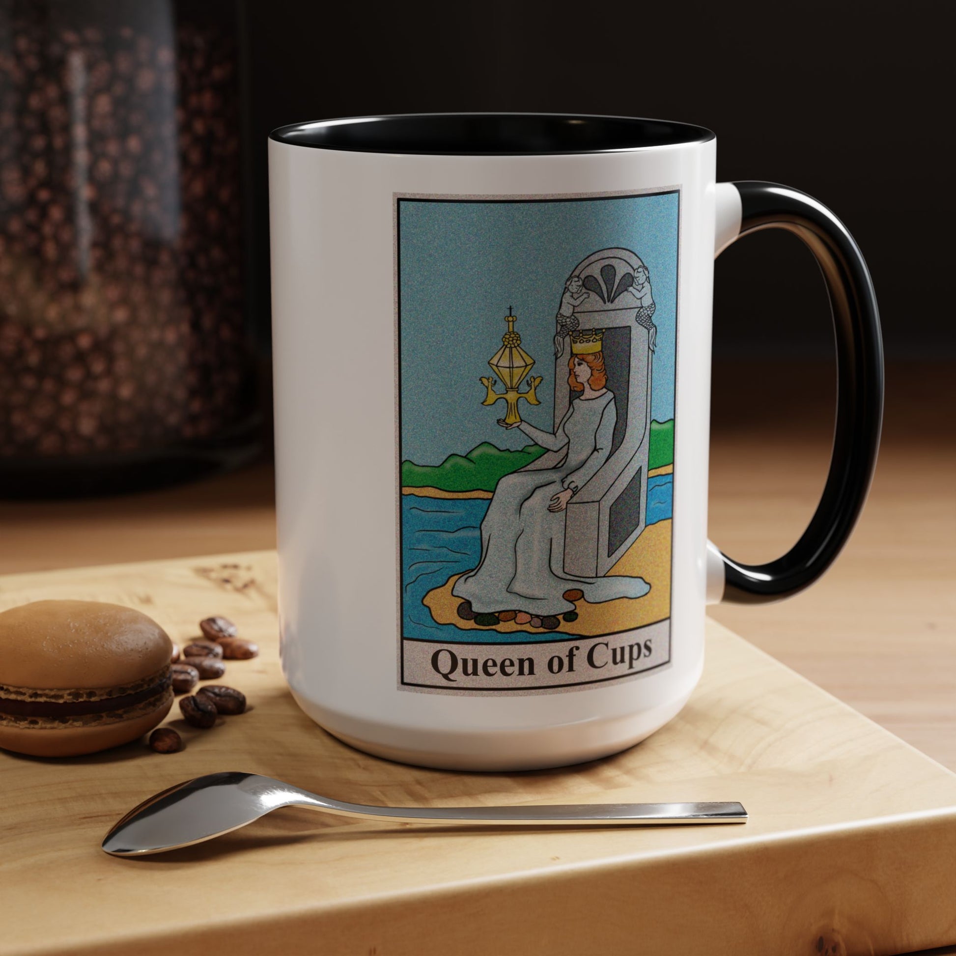 Queen of Cups Tarot Card Coffee Mug - Double Sided Black Accent White Ceramic 15oz by TheGlassyLass.com