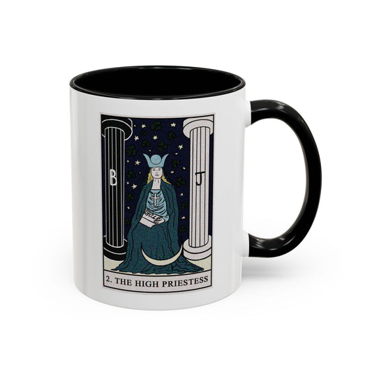 The High Priestess Tarot Card Coffee Mug - Double Sided Print, Black Accent White Ceramic, 11oz by TheGlassyLass.com