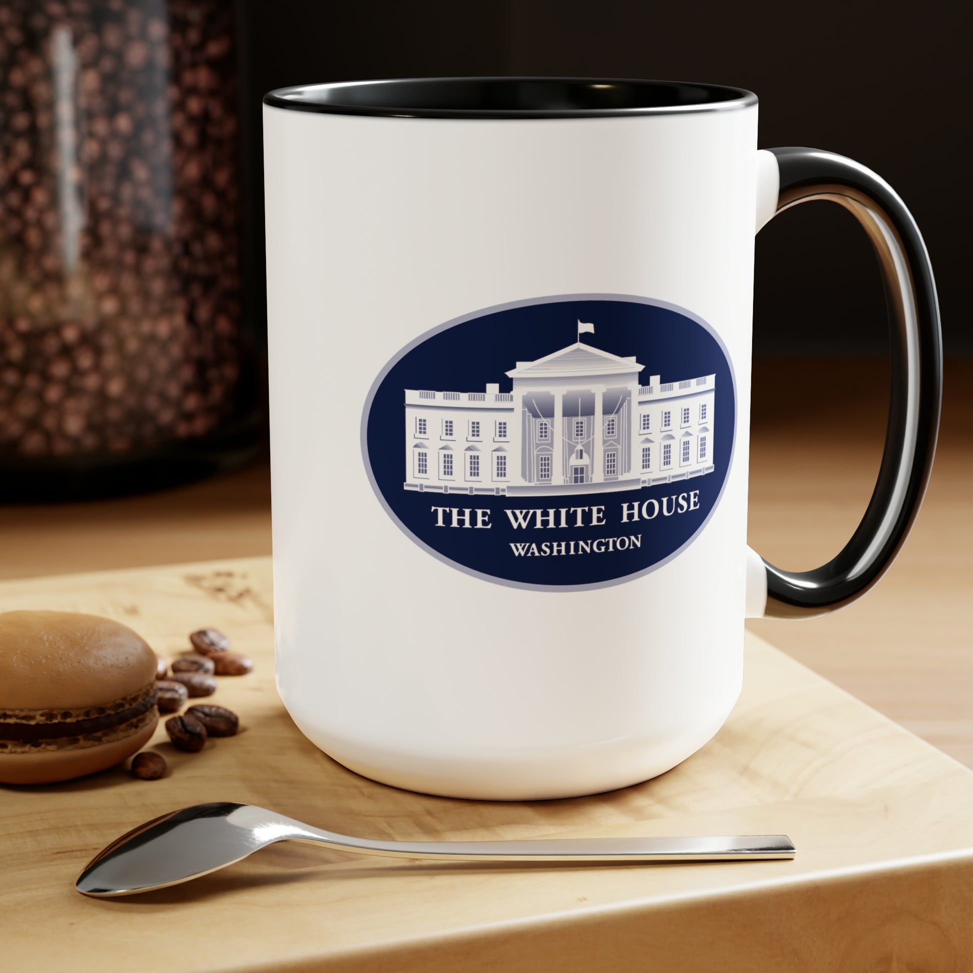The White House Coffee Mug - Double Sided Black Accent White Ceramic 15oz by TheGlassyLass
