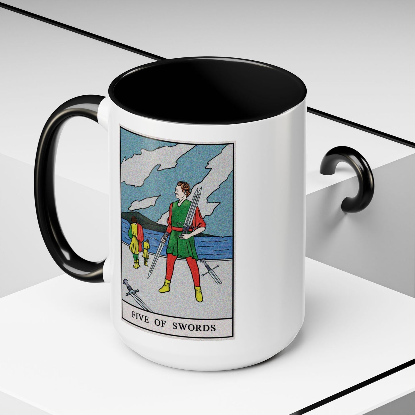Five of Swords Tarot Card Coffee Mug - Double Sided Black Accent White Ceramic 15oz by TheGlassyLass.com