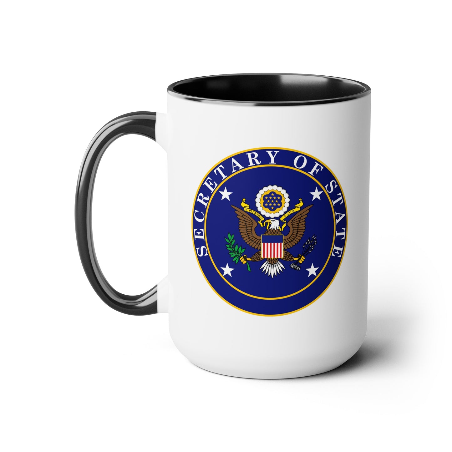 US Secretary of State Coffee Mug - Double Sided Print Two Tone Black Accent White Ceramic 15oz by TheGlassyLass.com