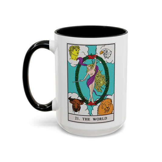 The World Tarot Card Coffee Mug - Double Sided Black Accent White Ceramic 15oz by TheGlassyLass.com